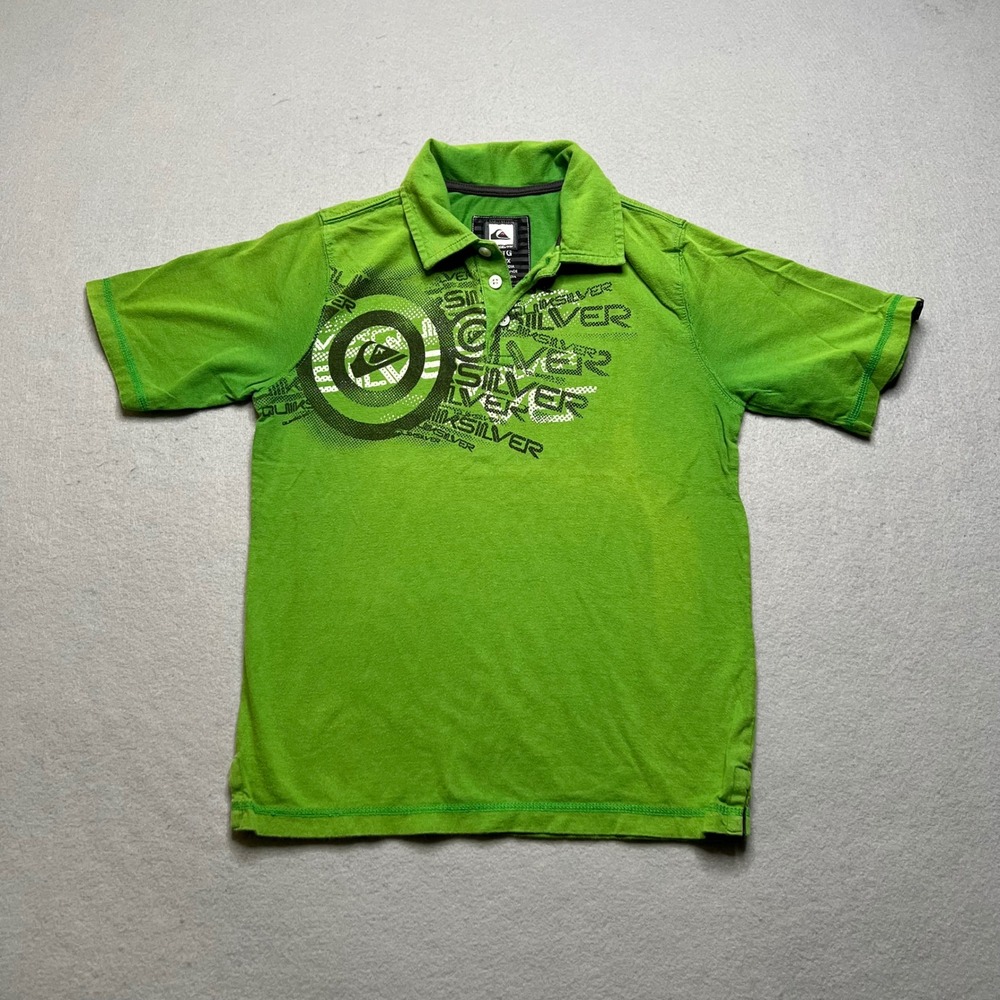 Quiksilver Polo Shirt Kids XL‎ Green Vintage Y2K Skater Graphic Short Sleeve